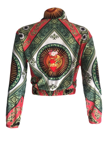 Women Printed Coat Bomber Jacket Long Sleeve Zipper Streetwear Casual Outerwear Green