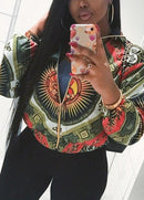 Women Printed Coat Bomber Jacket Long Sleeve Zipper Streetwear Casual Outerwear Green