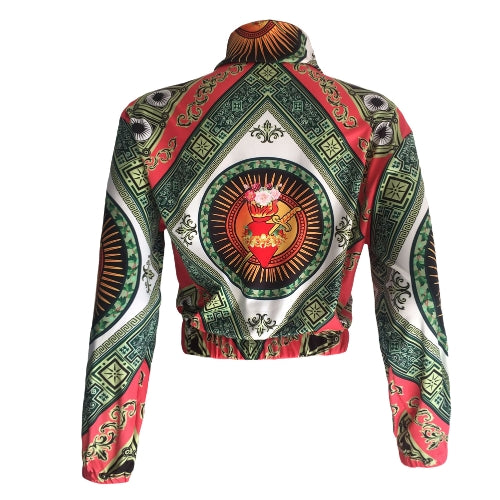 Women Printed Coat Bomber Jacket Long Sleeve Zipper Streetwear Casual Outerwear Green