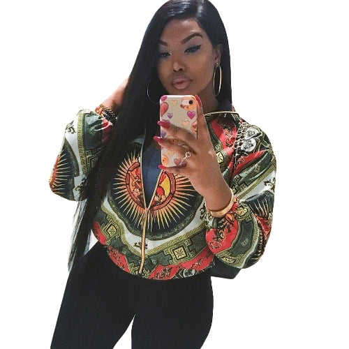 Women Printed Coat Bomber Jacket Long Sleeve Zipper Streetwear Casual Outerwear Green