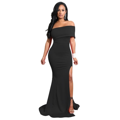 Elegant Women Mermaid Maxi Dress Off the Shoulder High Split Solid Slim Bodycon Cocktail Party Long Dress