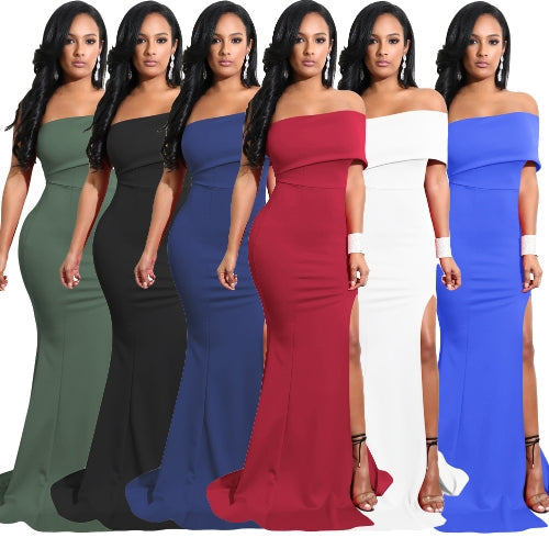 Elegant Women Mermaid Maxi Dress Off the Shoulder High Split Solid Slim Bodycon Cocktail Party Long Dress