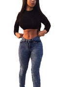 Women Cropped Top Solid Color Stretchy High Turtle Neck Long Sleeve Casual T-shirt Club Wear