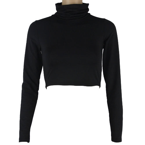 Women Cropped Top Solid Color Stretchy High Turtle Neck Long Sleeve Casual T-shirt Club Wear