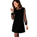 Women Autumn Dress Pearl Beading Mesh Tunic Boat Neck Long Sleeve A Line Elegant Dress Black/Red