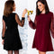 Women Autumn Dress Pearl Beading Mesh Tunic Boat Neck Long Sleeve A Line Elegant Dress Black/Red