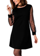 Women Autumn Dress Pearl Beading Mesh Tunic Boat Neck Long Sleeve A Line Elegant Dress Black/Red