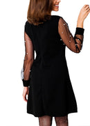 Women Autumn Dress Pearl Beading Mesh Tunic Boat Neck Long Sleeve A Line Elegant Dress Black/Red