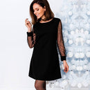 Women Autumn Dress Pearl Beading Mesh Tunic Boat Neck Long Sleeve A Line Elegant Dress Black/Red