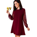 Women Autumn Dress Pearl Beading Mesh Tunic Boat Neck Long Sleeve A Line Elegant Dress Black/Red