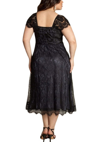 Women Plus Size Dress Floral Lace Sweetheart V Neck Cap Sleeve Midi Elegant Evening Party Wear