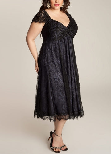 Women Plus Size Dress Floral Lace Sweetheart V Neck Cap Sleeve Midi Elegant Evening Party Wear