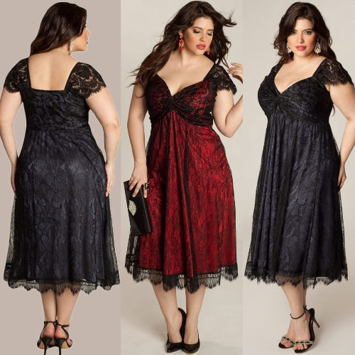 Women Plus Size Dress Floral Lace Sweetheart V Neck Cap Sleeve Midi Elegant Evening Party Wear