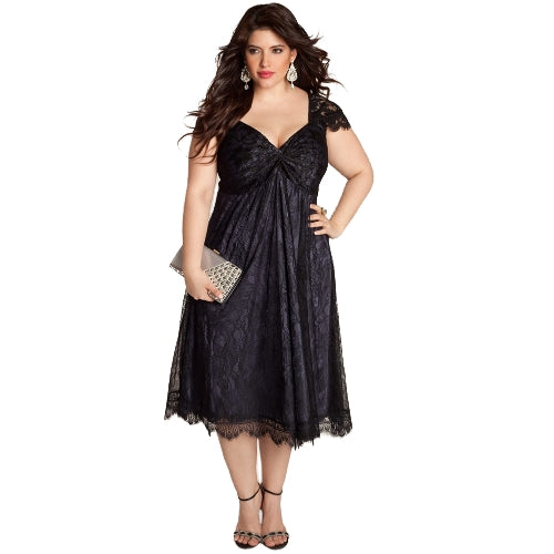 Women Plus Size Dress Floral Lace Sweetheart V Neck Cap Sleeve Midi Elegant Evening Party Wear