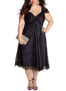 Women Plus Size Dress Floral Lace Sweetheart V Neck Cap Sleeve Midi Elegant Evening Party Wear