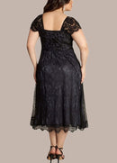 Women Plus Size Dress Floral Lace Sweetheart V Neck Cap Sleeve Midi Elegant Evening Party Wear