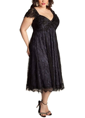 Women Plus Size Dress Floral Lace Sweetheart V Neck Cap Sleeve Midi Elegant Evening Party Wear