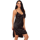 Women Satin Slip Dress Chemise Nightgown Lace V Neck Side Slit Asymmetrical Hem Lingerie Sleepwear Pajamas