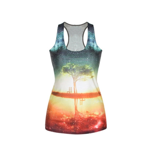 Europe Fashion Women Tank Top Galaxy Digital Print Colorful Vest Crew Neck Sleeveless Casual Camisole