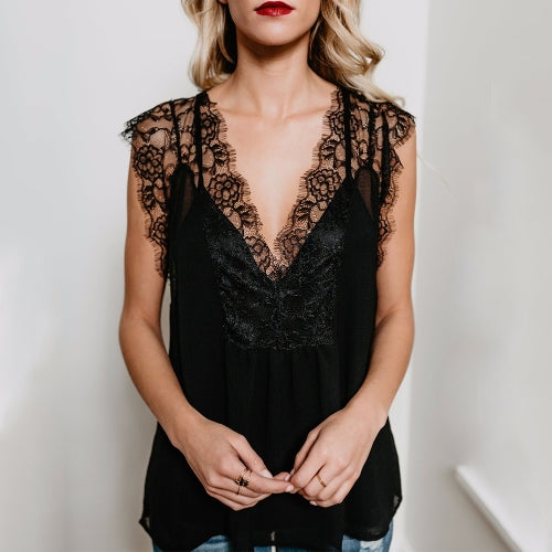 Women Tank Top Sheer Chiffon Floral Lace Deep V Neck Sleeveless Eyelash Solid Sexy Blouse Black/White