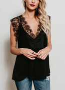 Women Tank Top Sheer Chiffon Floral Lace Deep V Neck Sleeveless Eyelash Solid Sexy Blouse Black/White