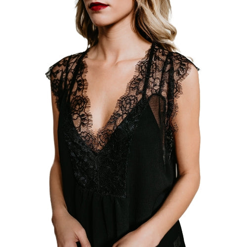 Women Tank Top Sheer Chiffon Floral Lace Deep V Neck Sleeveless Eyelash Solid Sexy Blouse Black/White