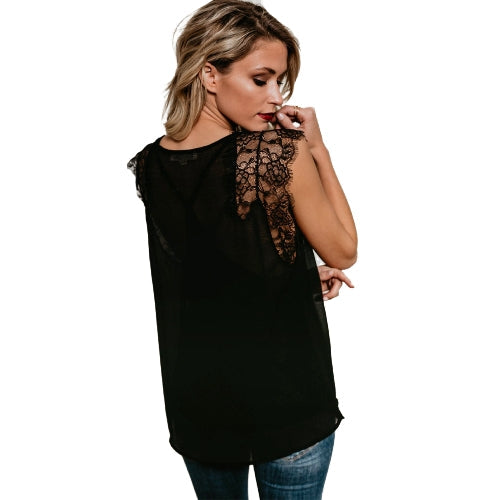 Women Tank Top Sheer Chiffon Floral Lace Deep V Neck Sleeveless Eyelash Solid Sexy Blouse Black/White