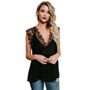 Women Tank Top Sheer Chiffon Floral Lace Deep V Neck Sleeveless Eyelash Solid Sexy Blouse Black/White