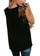 Women Tank Top Sheer Chiffon Floral Lace Deep V Neck Sleeveless Eyelash Solid Sexy Blouse Black/White