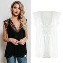 Women Tank Top Sheer Chiffon Floral Lace Deep V Neck Sleeveless Eyelash Solid Sexy Blouse Black/White