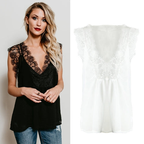 Women Tank Top Sheer Chiffon Floral Lace Deep V Neck Sleeveless Eyelash Solid Sexy Blouse Black/White