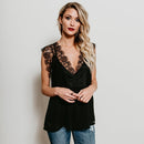 Women Tank Top Sheer Chiffon Floral Lace Deep V Neck Sleeveless Eyelash Solid Sexy Blouse Black/White