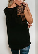 Women Tank Top Sheer Chiffon Floral Lace Deep V Neck Sleeveless Eyelash Solid Sexy Blouse Black/White