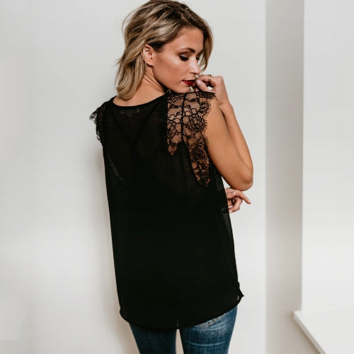 Women Tank Top Sheer Chiffon Floral Lace Deep V Neck Sleeveless Eyelash Solid Sexy Blouse Black/White