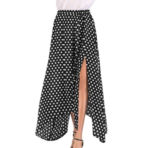 Vintage Women High Waist Polka Dot Maxi Dress Side Slit Asymmetric Hem Summer Retro Long Skirt