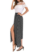 Vintage Women High Waist Polka Dot Maxi Dress Side Slit Asymmetric Hem Summer Retro Long Skirt