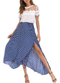 Vintage Women High Waist Polka Dot Maxi Dress Side Slit Asymmetric Hem Summer Retro Long Skirt