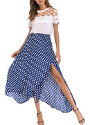 Vintage Women High Waist Polka Dot Maxi Dress Side Slit Asymmetric Hem Summer Retro Long Skirt