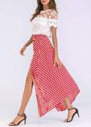 Vintage Women High Waist Polka Dot Maxi Dress Side Slit Asymmetric Hem Summer Retro Long Skirt