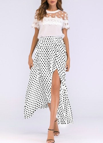 Vintage Women High Waist Polka Dot Maxi Dress Side Slit Asymmetric Hem Summer Retro Long Skirt