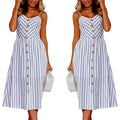 Women Skater Dress Spaghetti Straps Sleeveless High Waist Buttons Pockets A-Line Cami Midi Dress