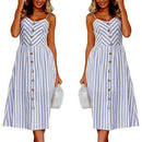 Women Skater Dress Spaghetti Straps Sleeveless High Waist Buttons Pockets A-Line Cami Midi Dress