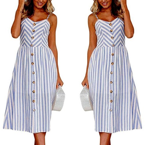 Women Skater Dress Spaghetti Straps Sleeveless High Waist Buttons Pockets A-Line Cami Midi Dress