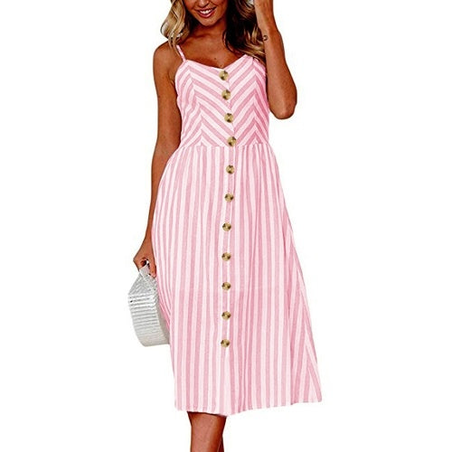 Women Skater Dress Spaghetti Straps Sleeveless High Waist Buttons Pockets A-Line Cami Midi Dress