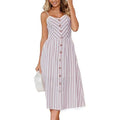 Women Skater Dress Spaghetti Straps Sleeveless High Waist Buttons Pockets A-Line Cami Midi Dress