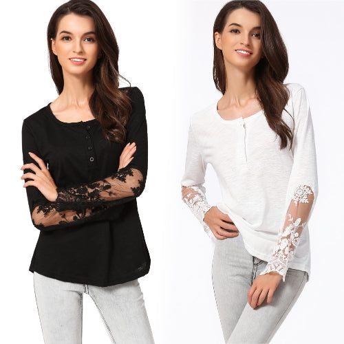 Casual Women Blouse Stitching Lace Mesh Splicing T-Shirt Long Sleeve Shirt Slim Leisure Top Black