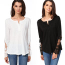 Casual Women Blouse Stitching Lace Mesh Splicing T-Shirt Long Sleeve Shirt Slim Leisure Top Black