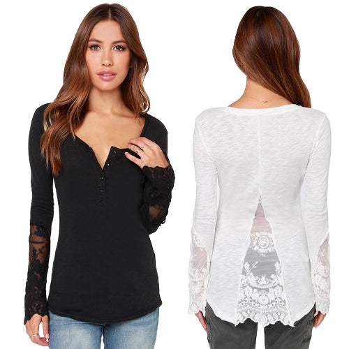 Casual Women Blouse Stitching Lace Mesh Splicing T-Shirt Long Sleeve Shirt Slim Leisure Top Black