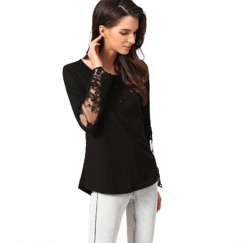 Casual Women Blouse Stitching Lace Mesh Splicing T-Shirt Long Sleeve Shirt Slim Leisure Top Black