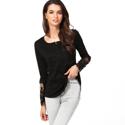 Casual Women Blouse Stitching Lace Mesh Splicing T-Shirt Long Sleeve Shirt Slim Leisure Top Black